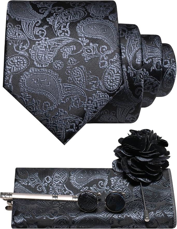 Black and steel blue paisley tie set with pocket square, cufflinks, tie clip and brooch 36