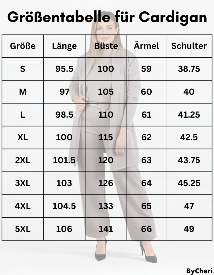 Size chart table for the cardigan listing length, bust, sleeve and shoulder measurements from S to 5XL over a faded model photo. 18