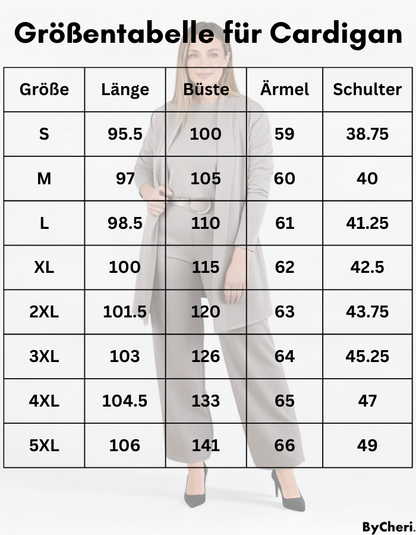 Size chart table for the cardigan listing length, bust, sleeve and shoulder measurements from S to 5XL over a faded model photo. 18