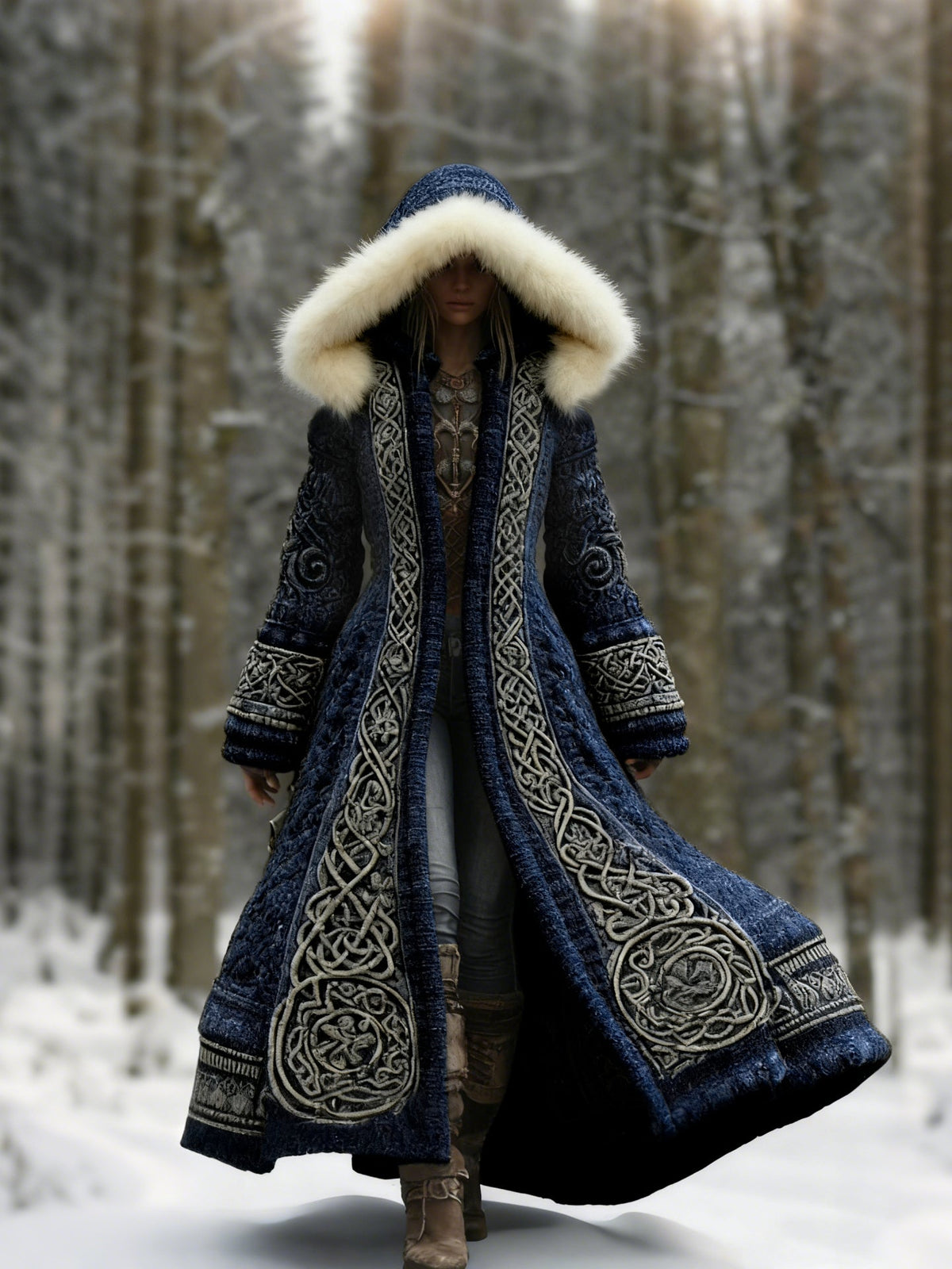 Model in the navy blue version of the coat, hood up, walking through a snowy forest 2