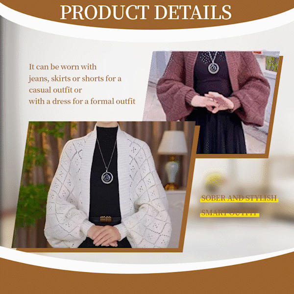 Product details collage showing the cardigan in white and wine red, styled for casual and formal outfits 12