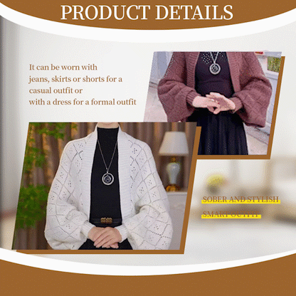 Product details collage showing the cardigan in white and wine red, styled for casual and formal outfits 12