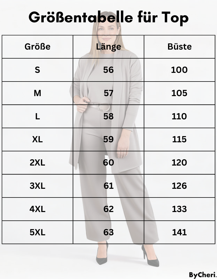 Size chart table for the top listing length and bust measurements from S to 5XL over a faded model photo. 19