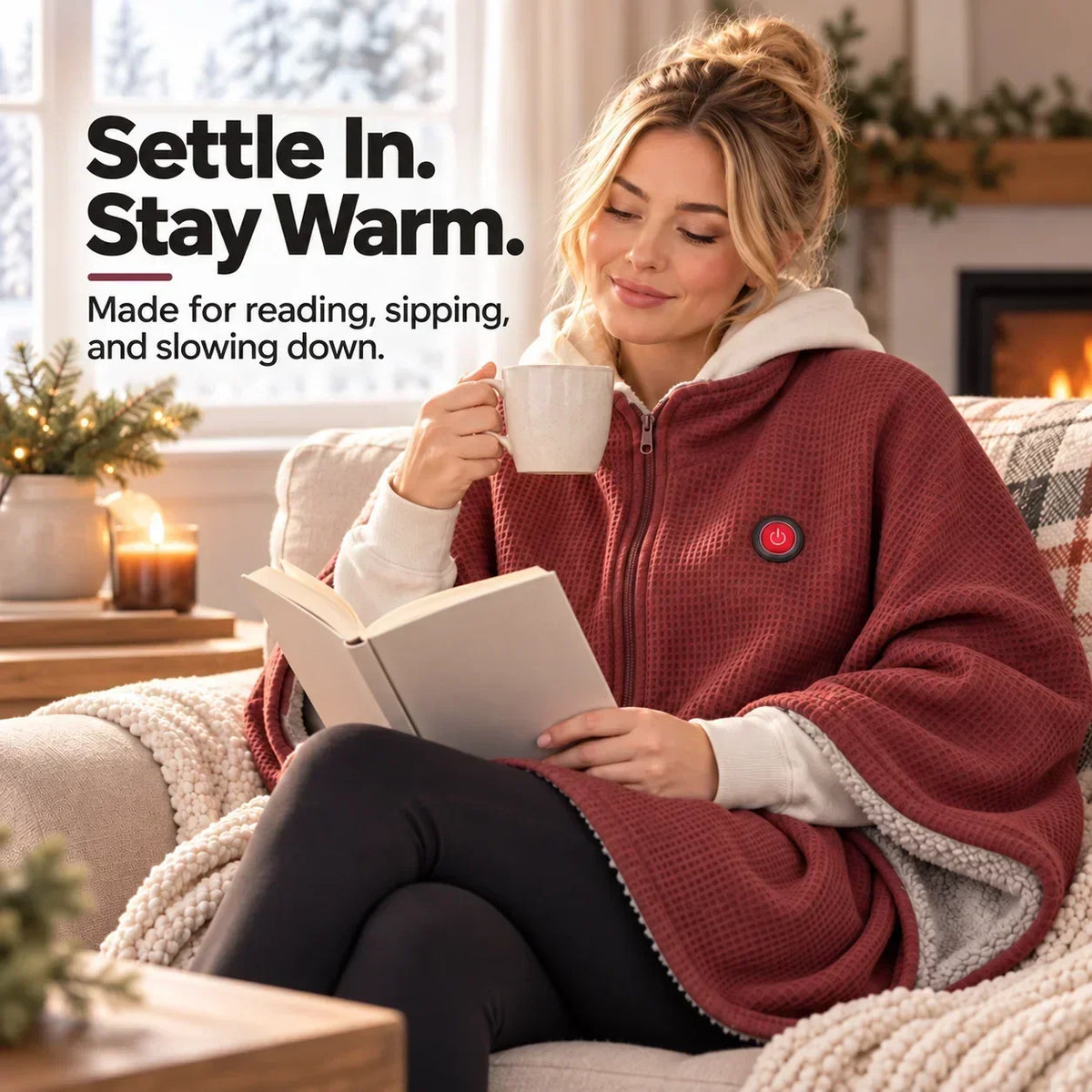 Woman reading and sipping from a mug on a sofa by a fireplace, wearing the red wrap 10