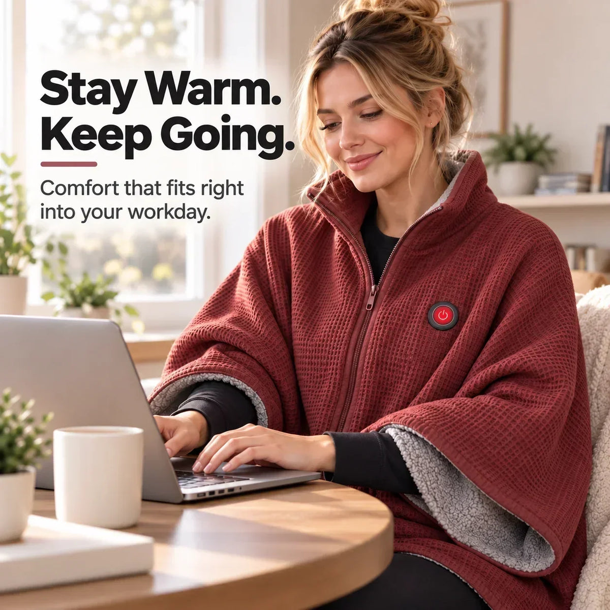 Woman working on a laptop at a round table, wearing the red wrap with grey fleece lining 11