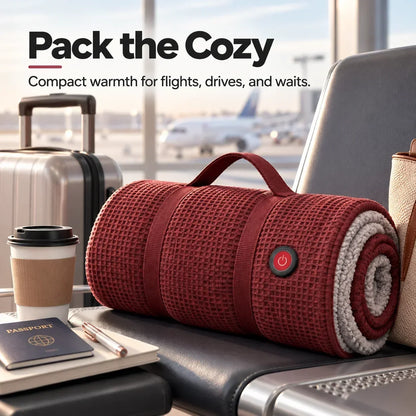 Rolled-up red wrap with handle on an airport seat beside a coffee cup, passport and suitcase 12