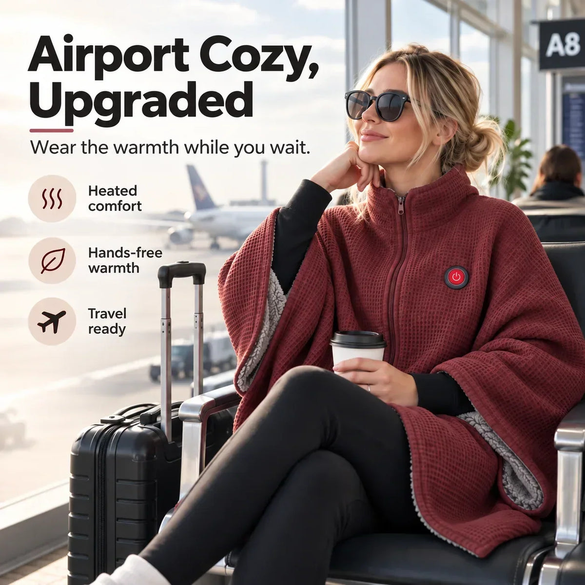 Woman in sunglasses wears the red waffle-knit zip-up wrap in an airport lounge beside a suitcase 1