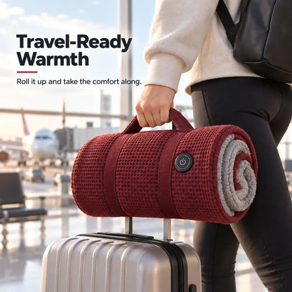 Red wrap rolled up with a carry handle and strap, hanging from a suitcase handle 2