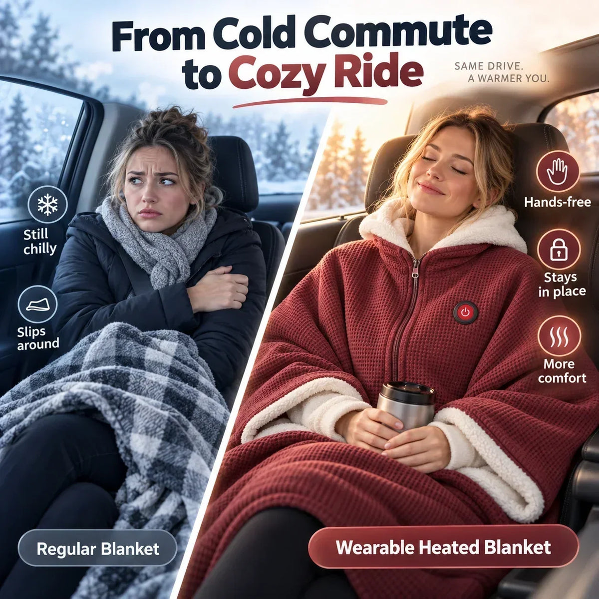 Split comparison: a cold woman under a plaid blanket versus a relaxed woman wearing the red wrap in a car 4