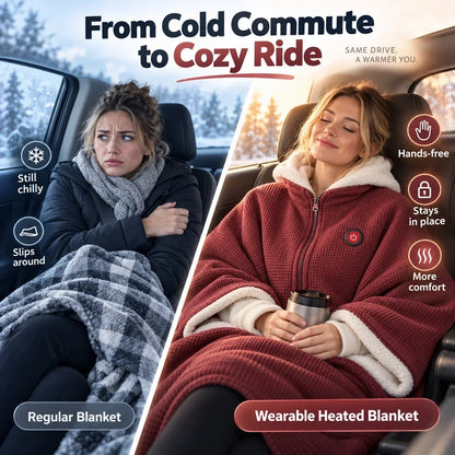 Split comparison: a cold woman under a plaid blanket versus a relaxed woman wearing the red wrap in a car 4