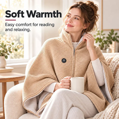 Woman on an armchair holding a mug, wearing the beige waffle-knit wrap with a black power button 6