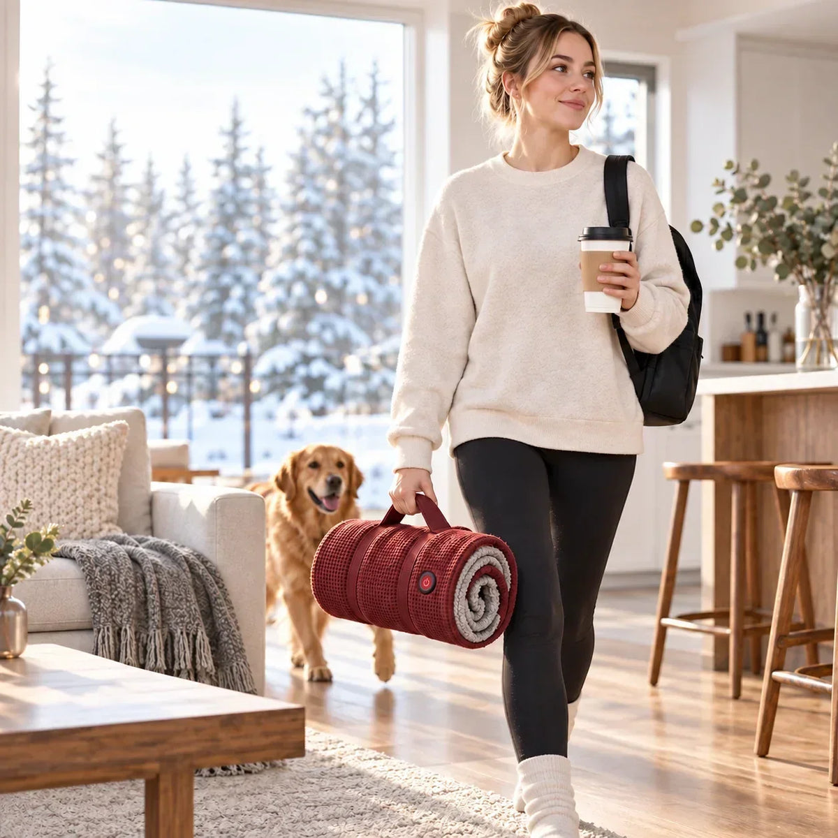 Woman carrying the rolled-up red wrap and a coffee through a bright living room, golden retriever behind 7