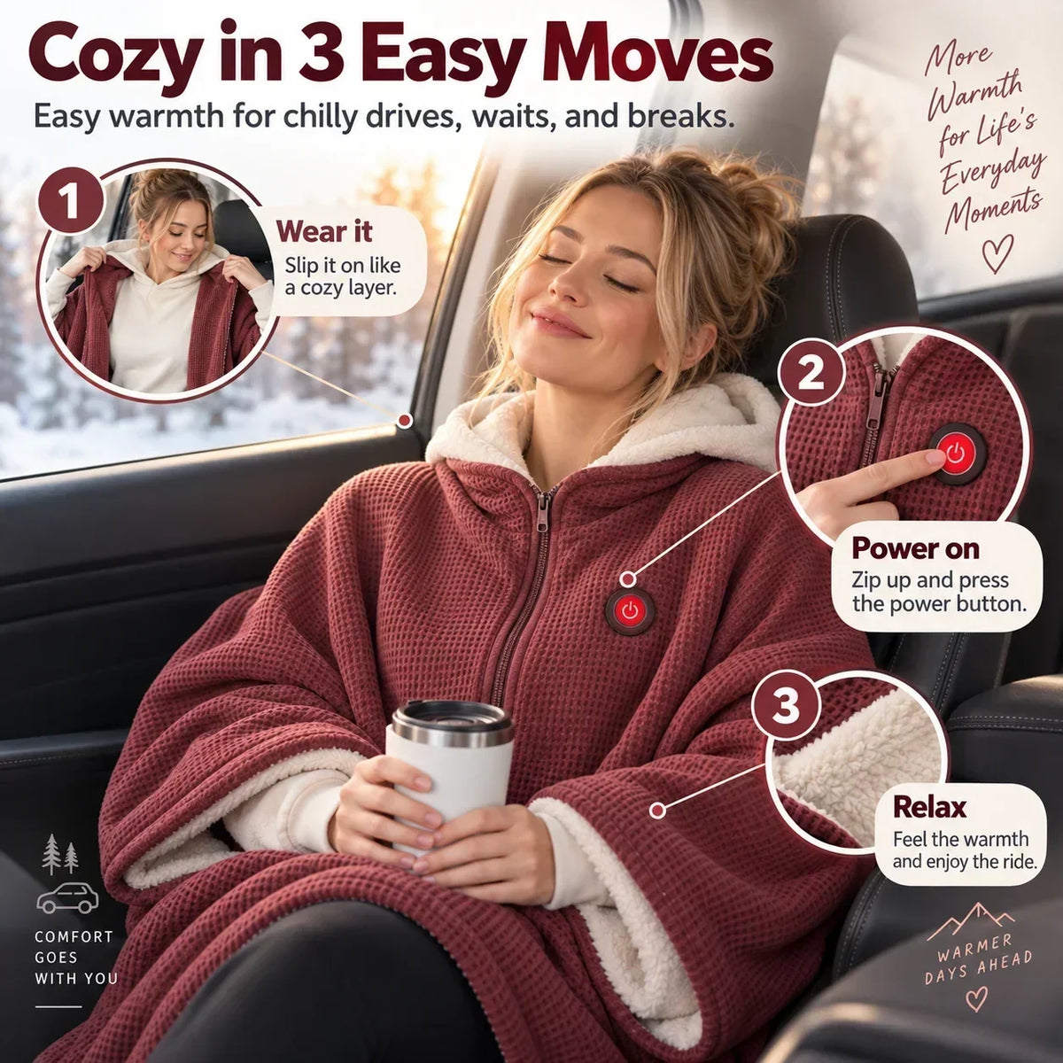 Woman in a car wearing the red wrap, with inset steps showing putting it on and pressing the power button 5