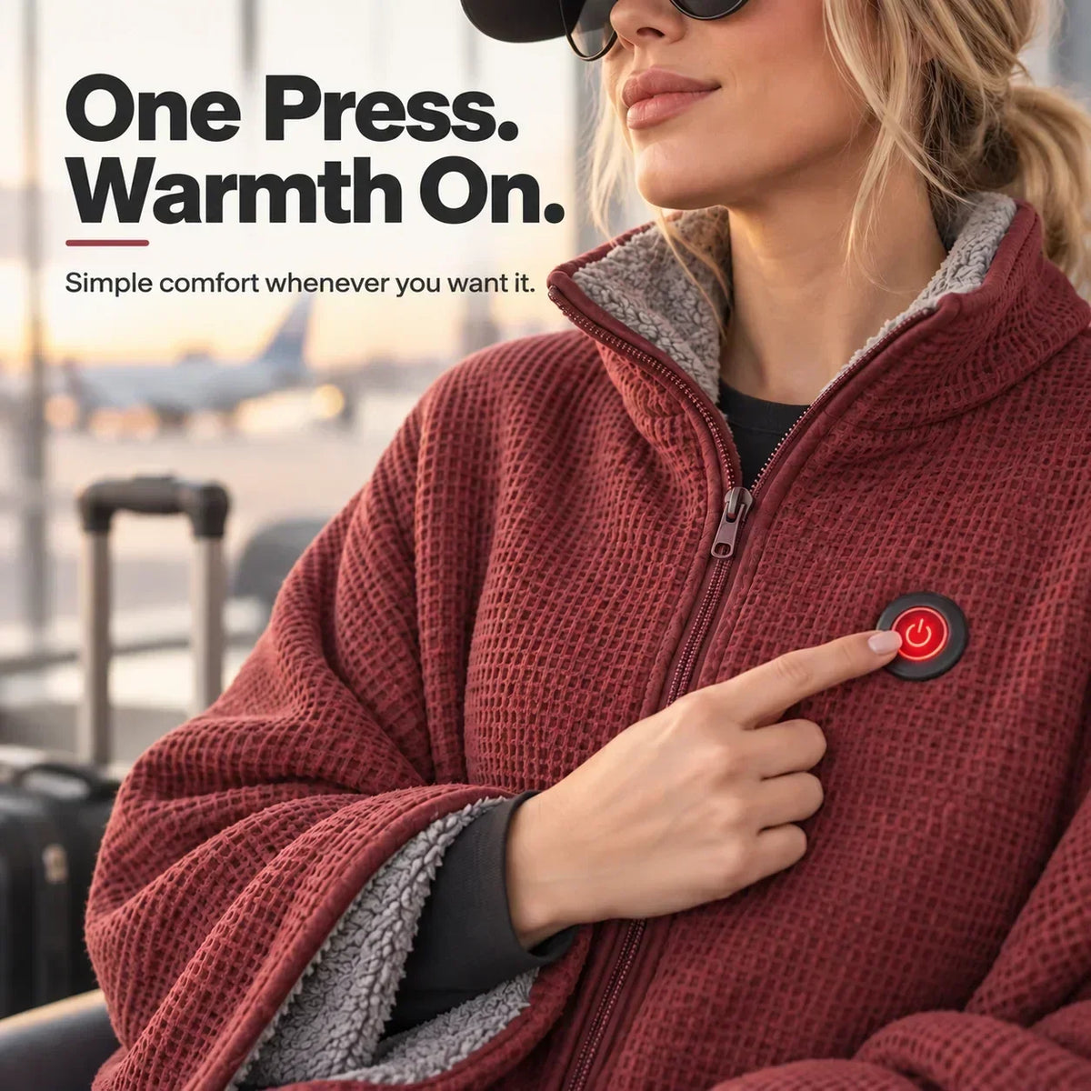 Close-up of a finger pressing the red power button on the chest of the red wrap 9