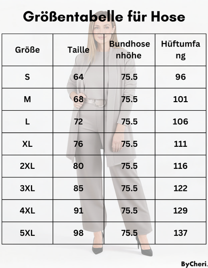 Size chart table for the trousers listing waist, rise and hip measurements from S to 5XL over a faded model photo. 20