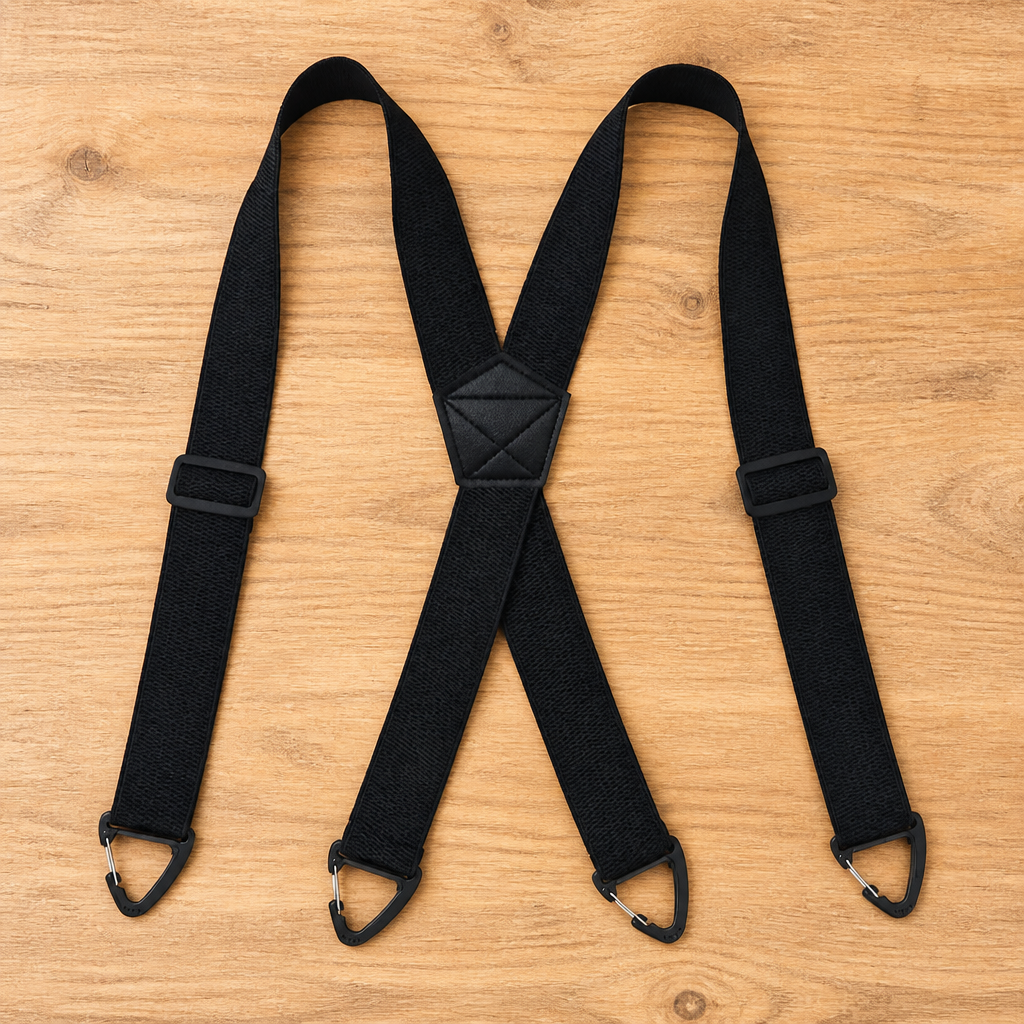 Black X-back suspenders laid flat on a wooden surface, with four black triangular clips and a stitched black centre patch. 8