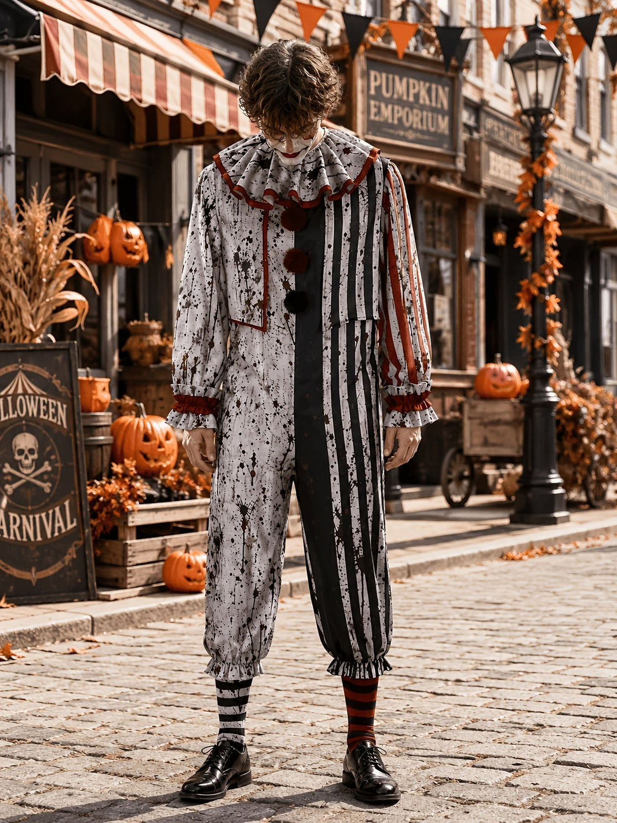 Model in the splattered grey, black and red striped clown jumpsuit, standing head bowed on a cobbled street, full length from the front. 1
