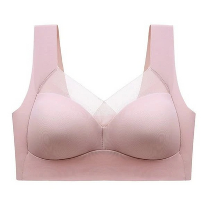 Single pink seamless bra shown flat from the front, with mesh V-neck panel and wide straps 11