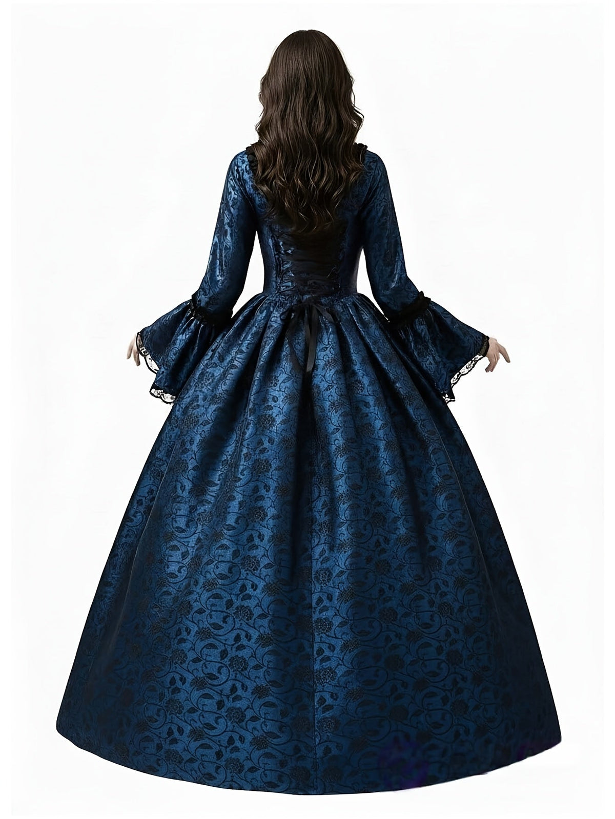 Back view of the navy floral brocade gown showing the corset-style lace-up bodice, ribbon bow and full skirt. 4
