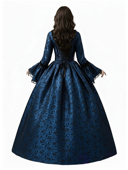 Back view of the navy floral brocade gown showing the corset-style lace-up bodice, ribbon bow and full skirt. 4