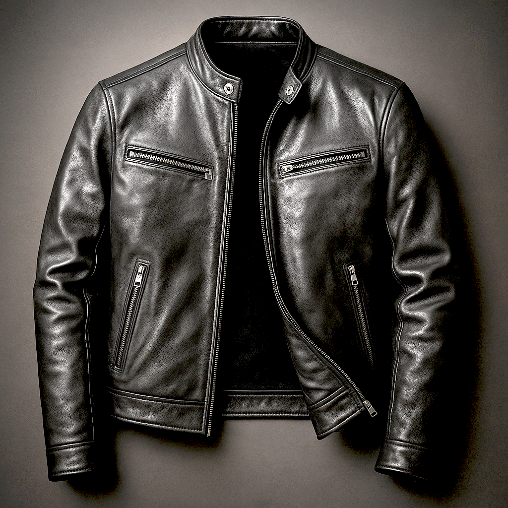 Black leather jacket laid flat with the zip partly undone, showing the glossy grain, snap collar and zipped pockets. 5