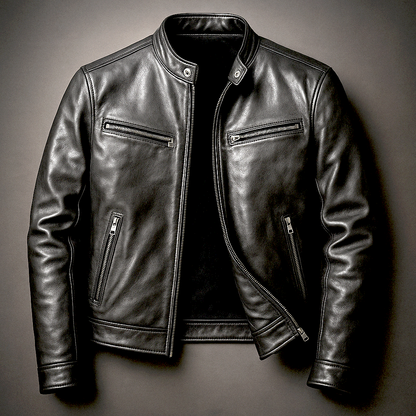 Black leather jacket laid flat with the zip partly undone, showing the glossy grain, snap collar and zipped pockets. 5