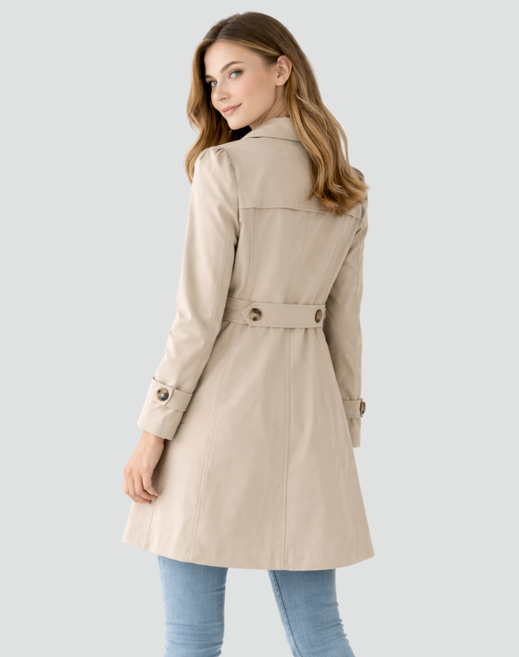 Back view of the beige coat, showing the buttoned waist strap, back yoke seam and a model glancing over her shoulder. 5