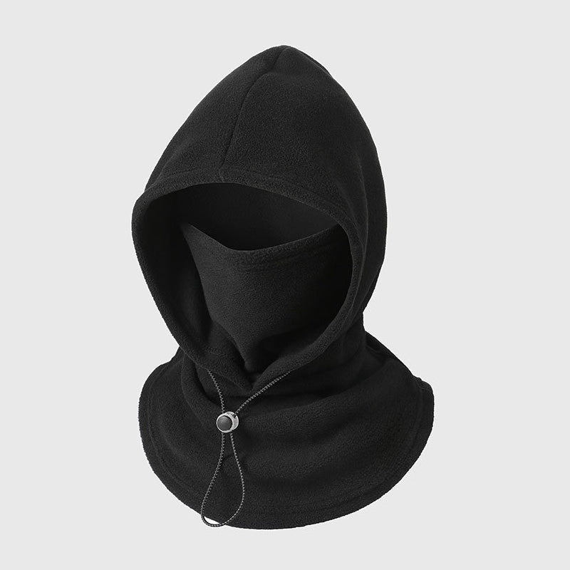 Black fleece hood with face cover and a drawstring toggle at the neckline 7