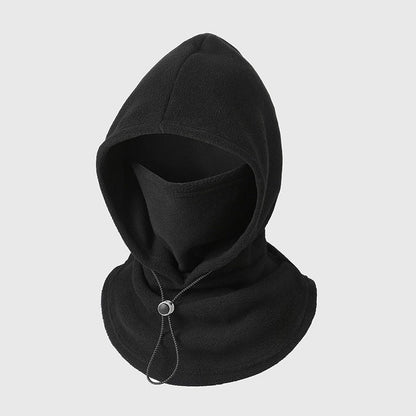 Black fleece hood with face cover and a drawstring toggle at the neckline 7