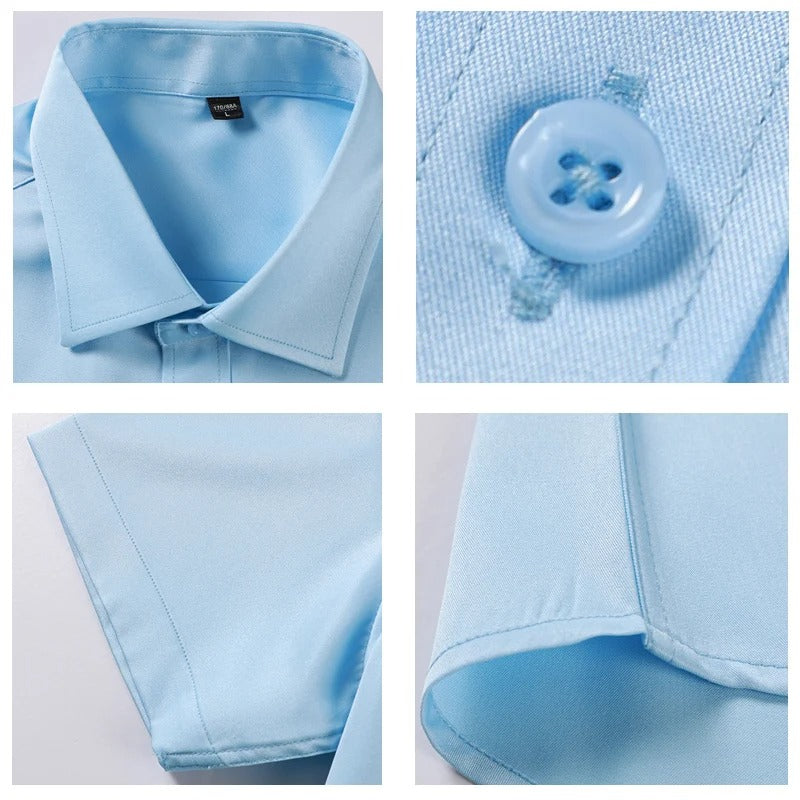 Four close-up details of the light blue shirt: collar, four-hole button, sleeve hem and curved side hem 5