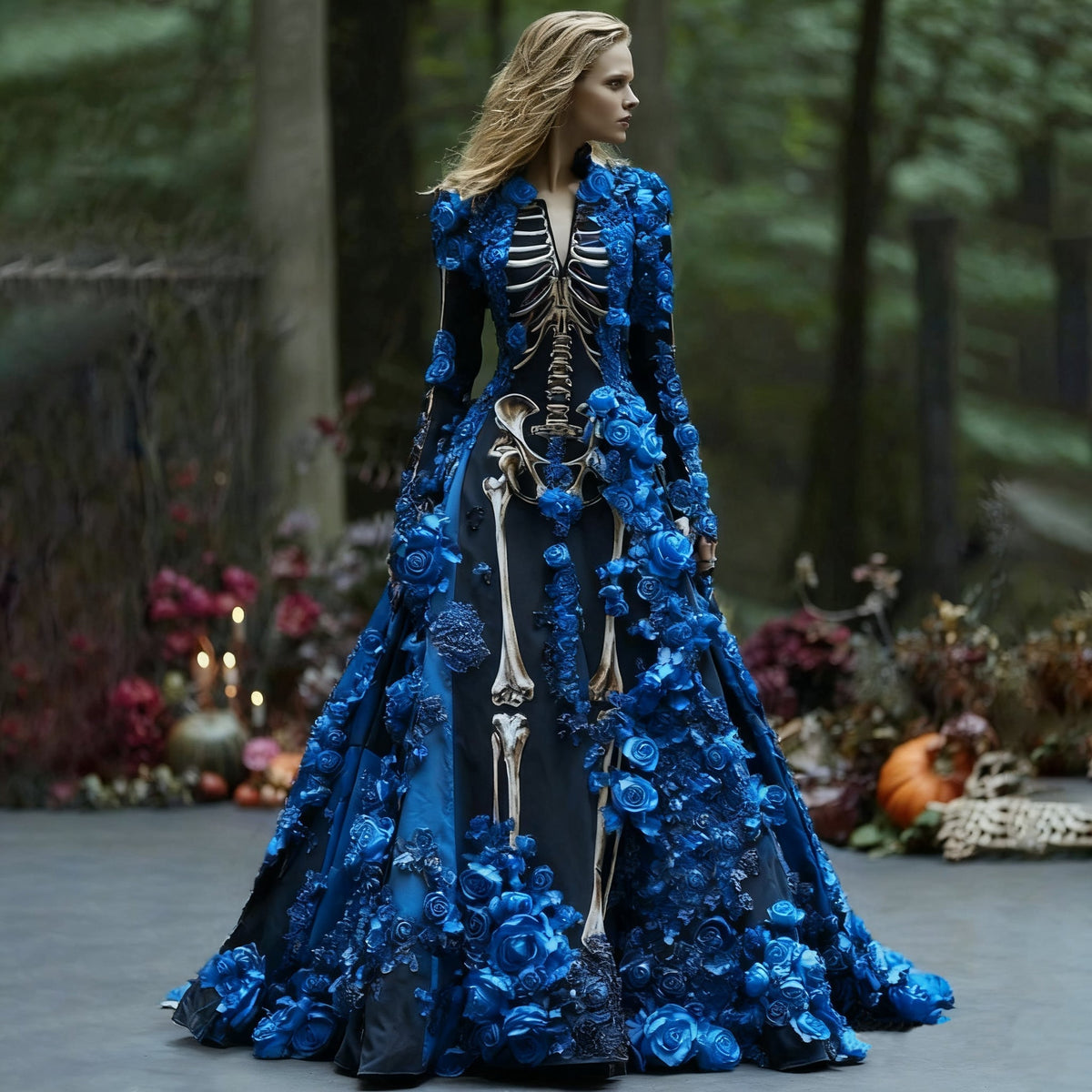 Model wears the skeleton-print maxi dress with blue three-dimensional roses over the sleeves, bodice and full skirt, in a woodland setting. 3
