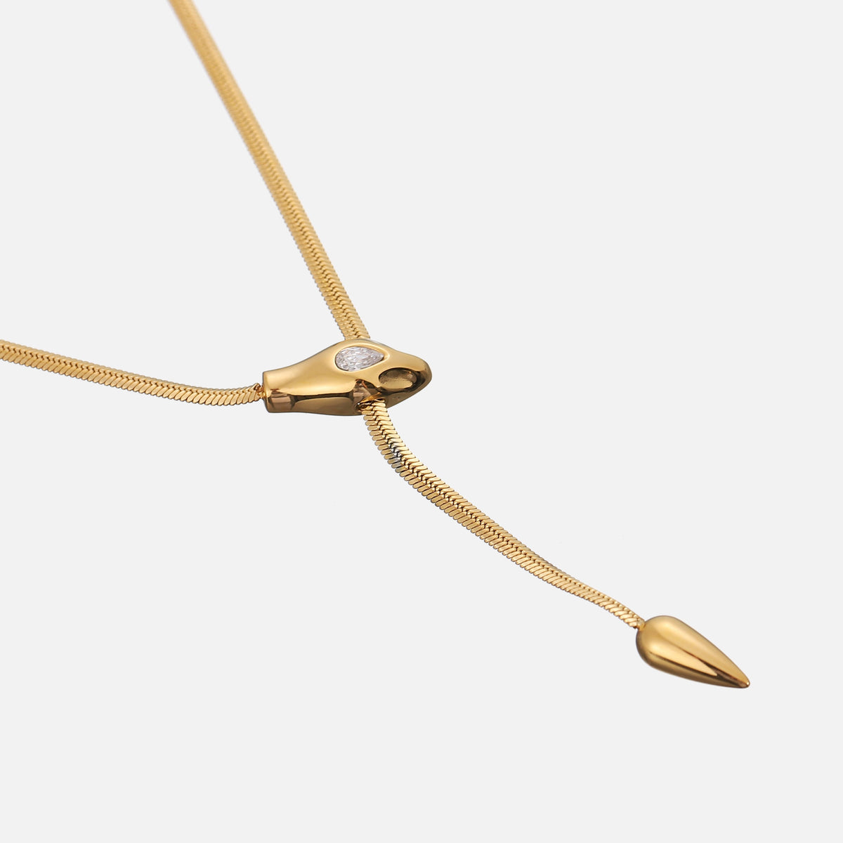 Angled close-up of the snake-head slider, with its clear pear-shaped stone and the flat chain 2