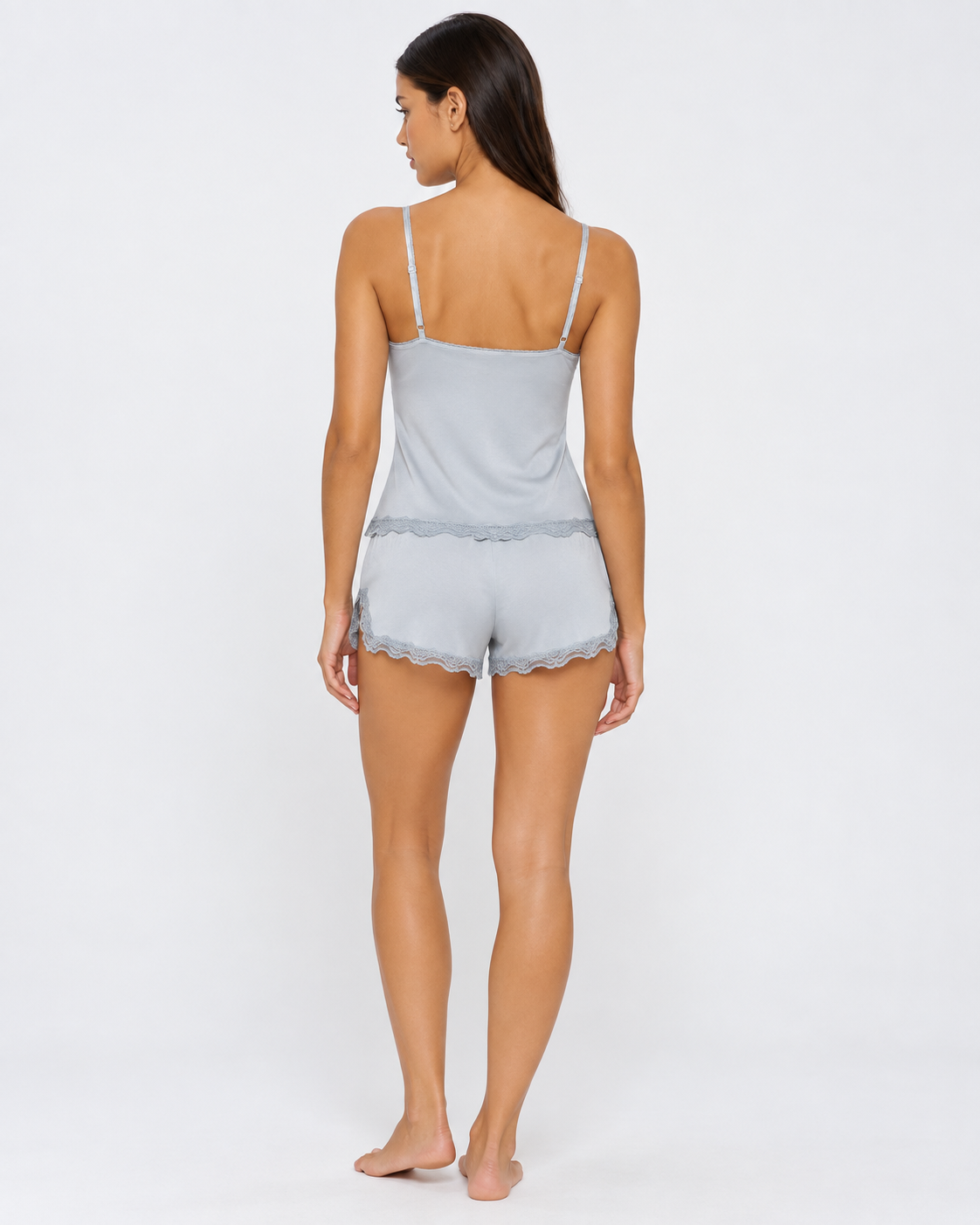 Full-length back view of the grey set, showing the plain cami back and lace-edged shorts 35
