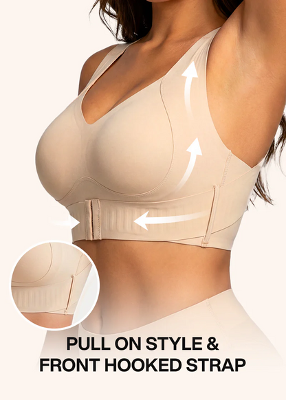 Side view of the beige bra with arrows showing the lifting direction and front hooked strap detail 7