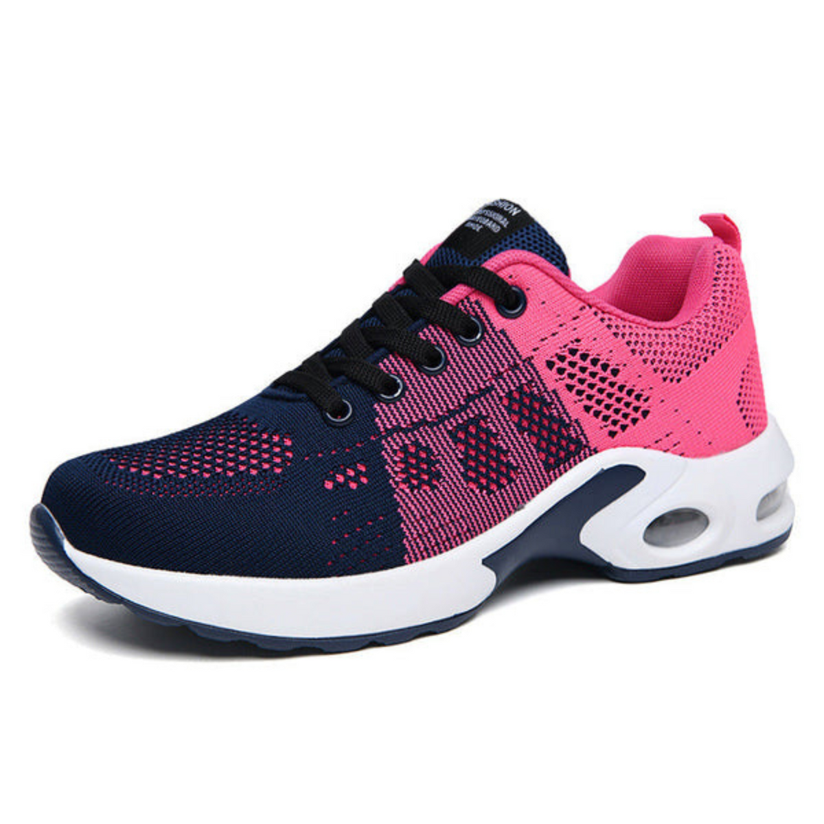 Side view of a navy and pink two-tone mesh trainer with black laces and a white air-cushioned sole. 6