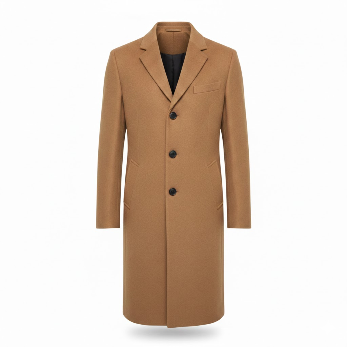 Front view of the coat in camel, with notch lapel, three buttons and a chest pocket 6