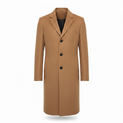 Front view of the coat in camel, with notch lapel, three buttons and a chest pocket 6