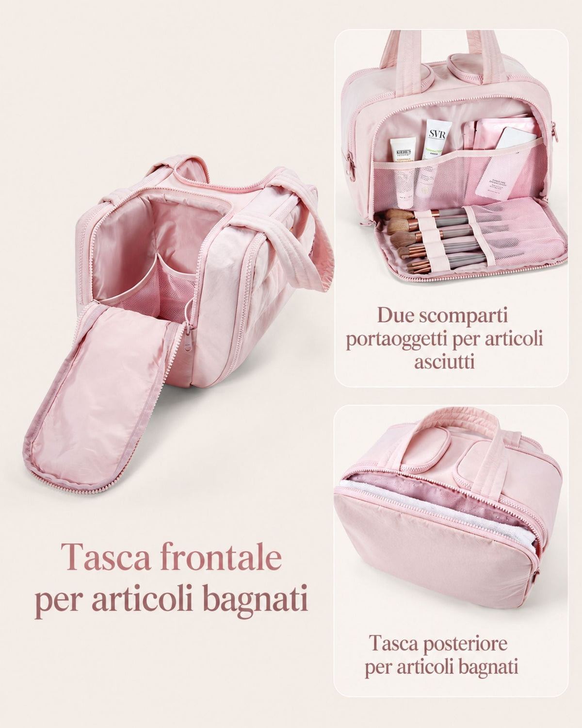 Pink bag shown with its front pocket unzipped, plus views of the dry compartments holding skincare and brushes and the rear pocket holding a towel. 3