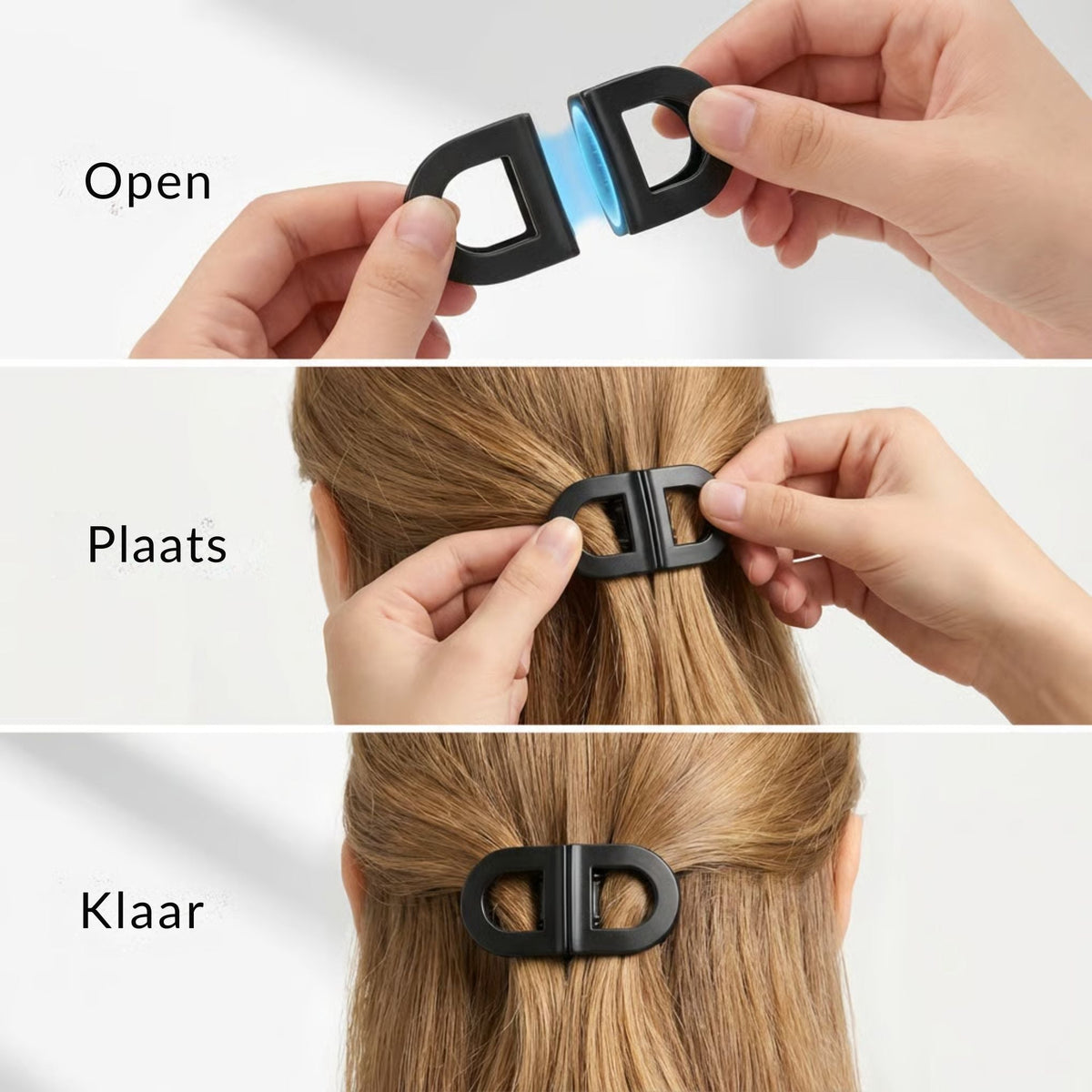 Three-step demonstration: pulling the magnetic halves of the black clip apart, placing it on hair, and the finished flat hold. 3