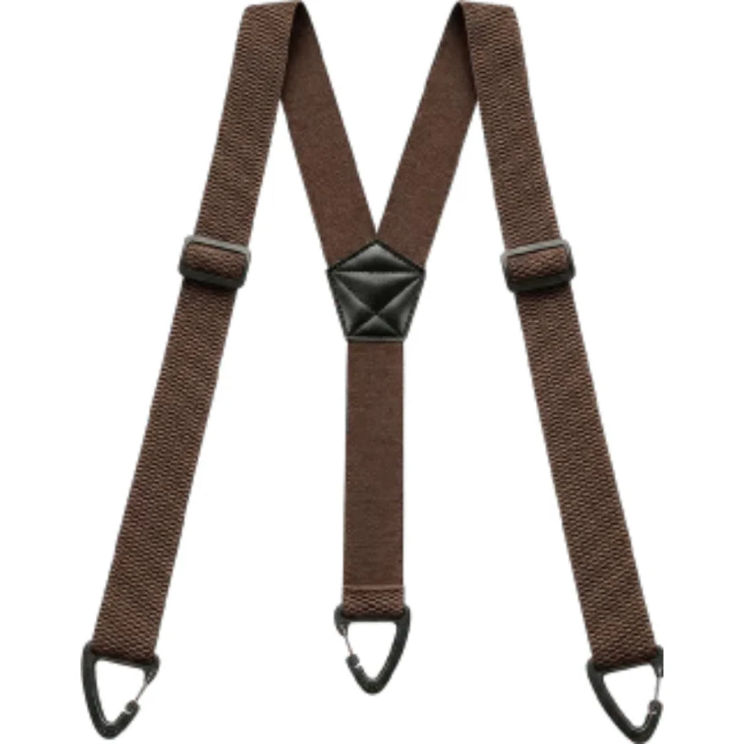 Brown Y-back braces laid flat, with woven straps, black centre patch and three clips 12