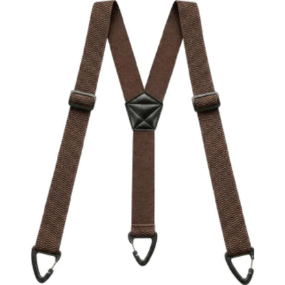 Brown Y-back braces laid flat, with woven straps, black centre patch and three clips 12