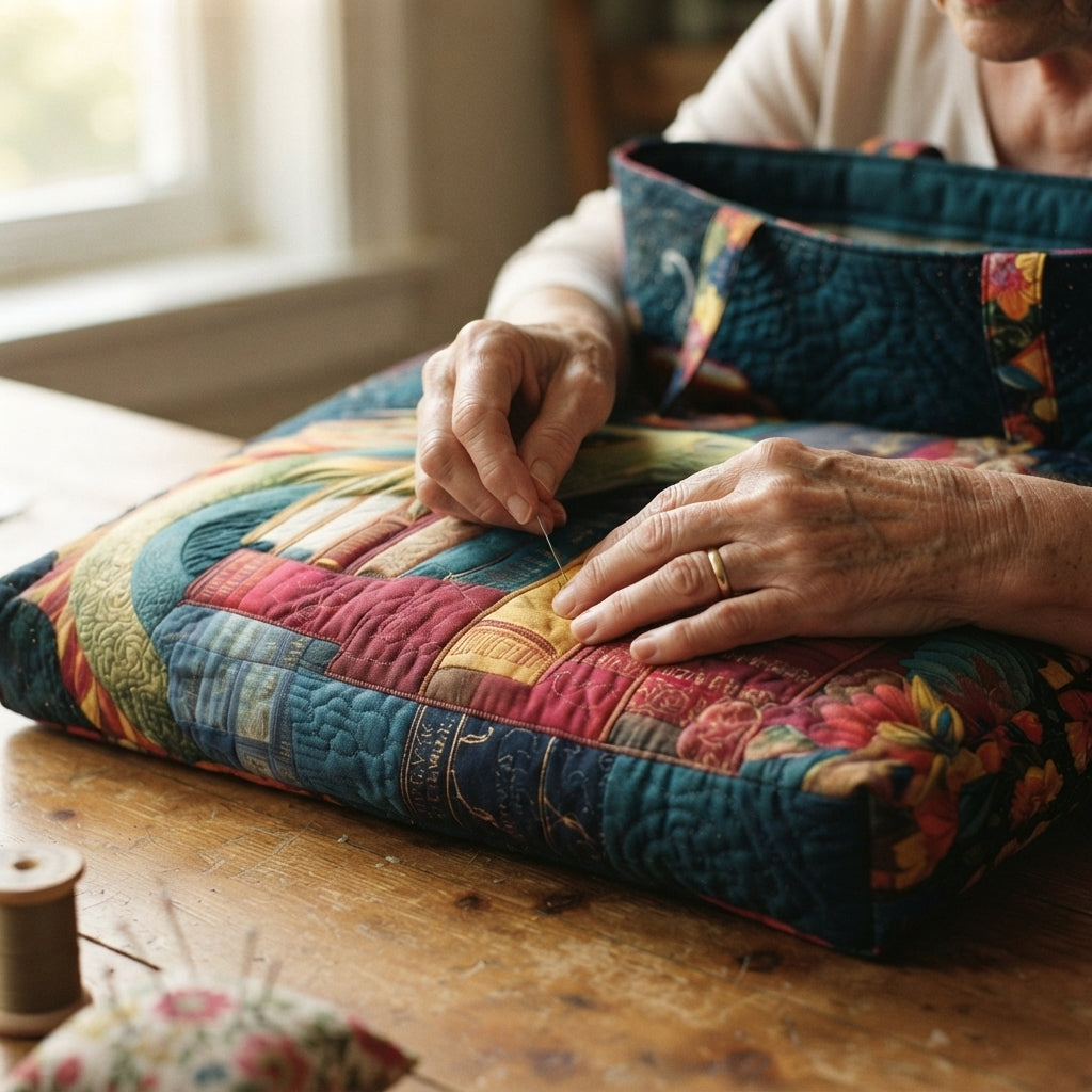 Hands stitching the quilted tote's colourful book-spine panel on a wooden table, with a thread reel and pincushion nearby 3