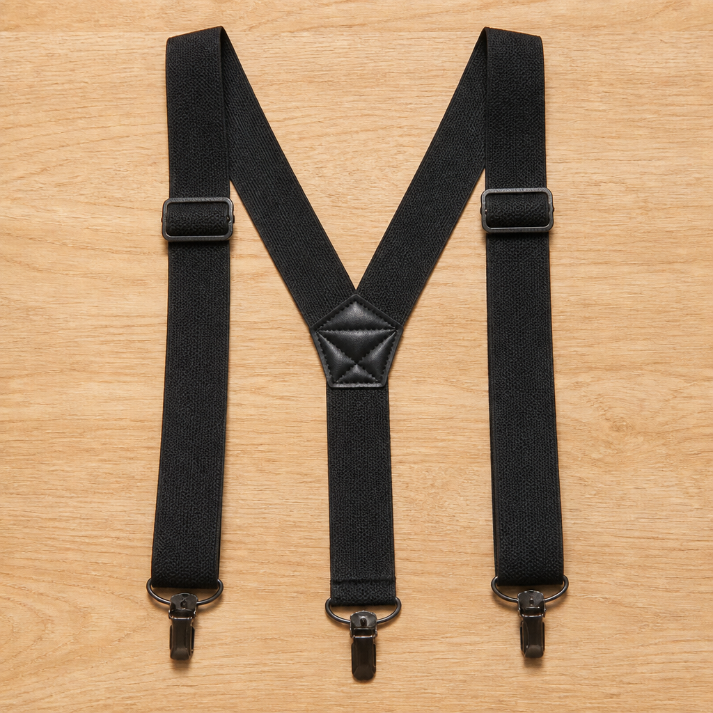 Black Y-back suspenders laid flat on a wooden surface, fitted with three metal clips and two slide adjusters. 7