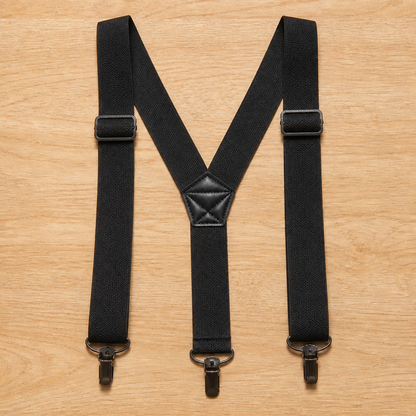 Black Y-back suspenders laid flat on a wooden surface, fitted with three metal clips and two slide adjusters. 7