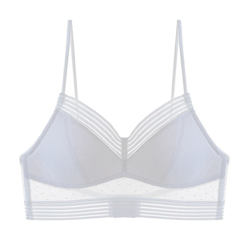 Second flat front view of the white bra, showing the striped trim and dotted mesh panels 12