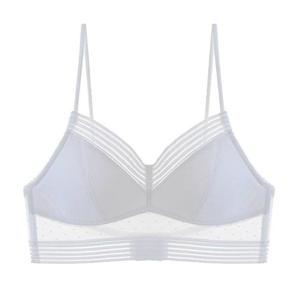 Second flat front view of the white bra, showing the striped trim and dotted mesh panels 12