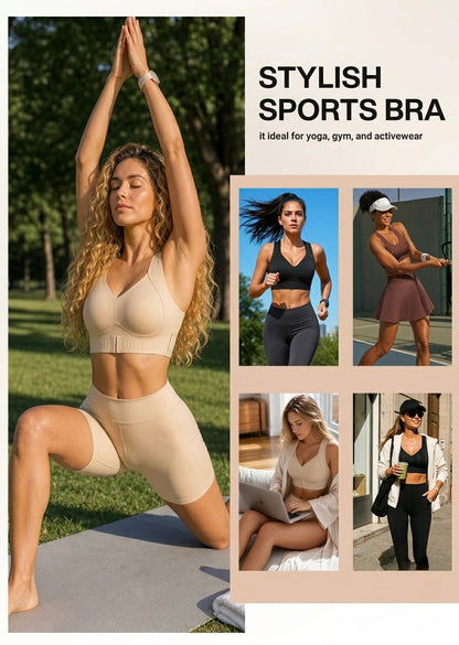 Collage of women wearing the bra for yoga, running, tennis, working on a laptop and walking outdoors 9