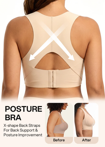 Back of the beige bra on a model with arrows showing the X-shaped support, plus a before-and-after comparison 15