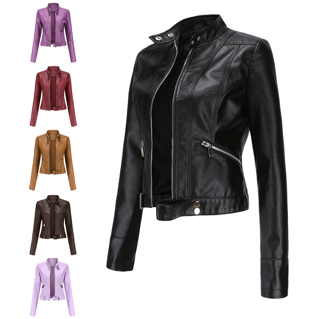 Black jacket in side view beside small front-view thumbnails of the purple, red, tan, brown and lilac colour options. 15