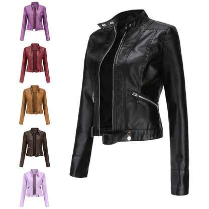 Black jacket in side view beside small front-view thumbnails of the purple, red, tan, brown and lilac colour options. 15